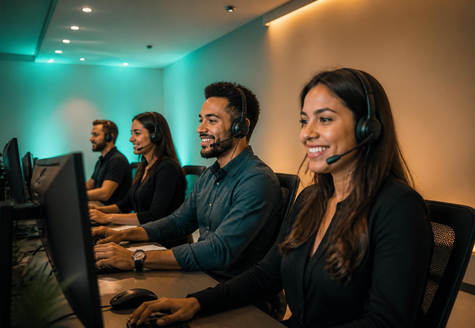 Equipe da Ativa Contact atendendo clientes com headsets